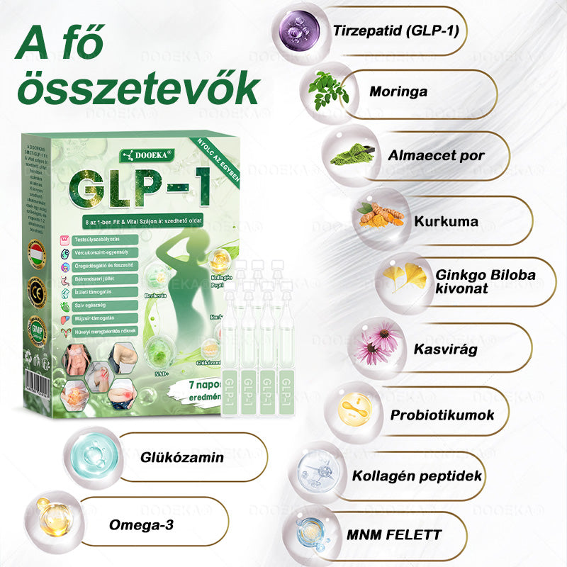 DOOEKA® GLP-1 8 az 1-ben Fit & Vital Szájon át szedhető oldat – Napi egyszer, 7 nap alatt látható változás / Elhízás, szív- és érrendszeri egészség, cukorbetegség, alvási apnoe, bélrendszer egészsége, ízületi problémák és még sok más esetén