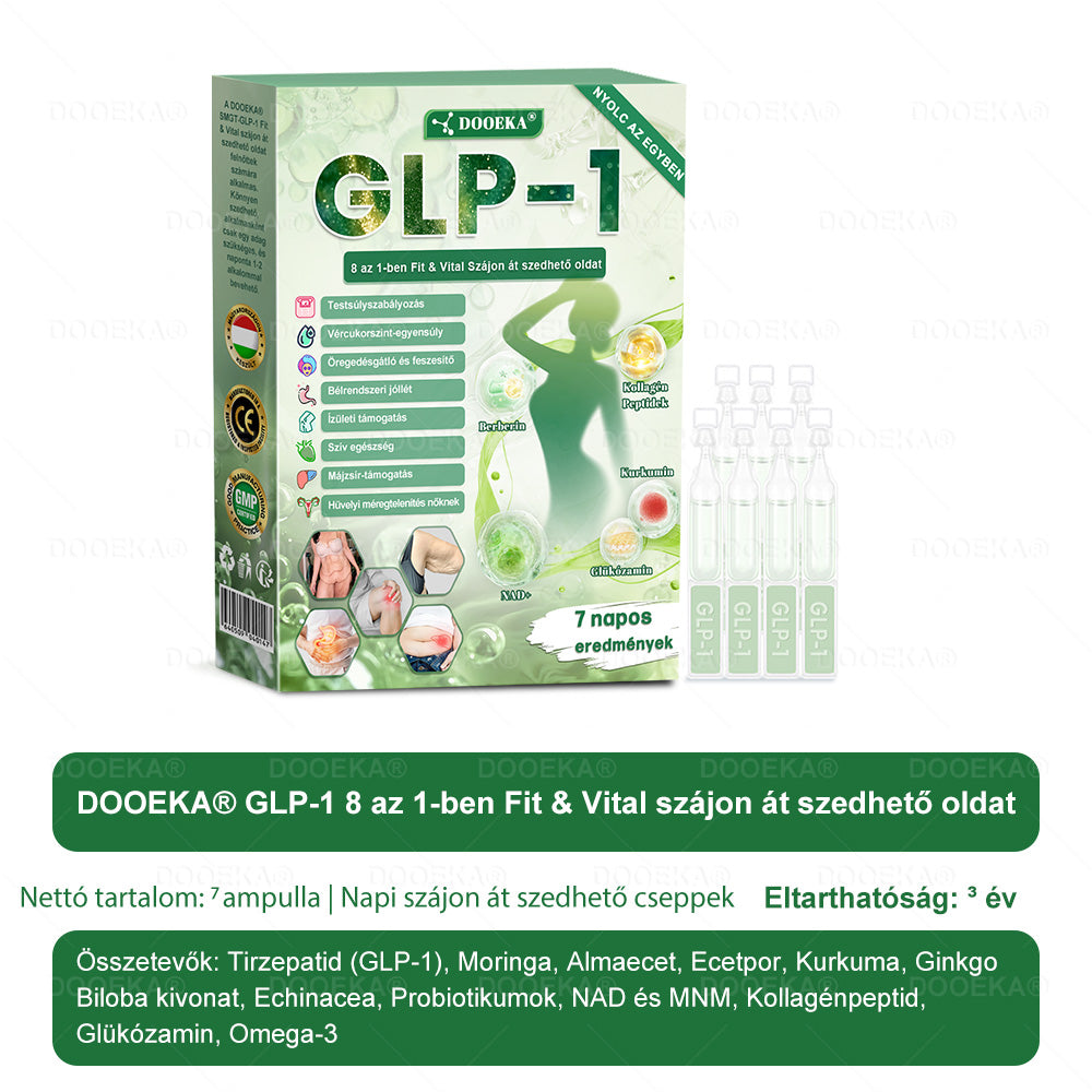 DOOEKA® GLP-1 8 az 1-ben Fit & Vital Szájon át szedhető oldat – Napi egyszer, 7 nap alatt látható változás / Elhízás, szív- és érrendszeri egészség, cukorbetegség, alvási apnoe, bélrendszer egészsége, ízületi problémák és még sok más esetén