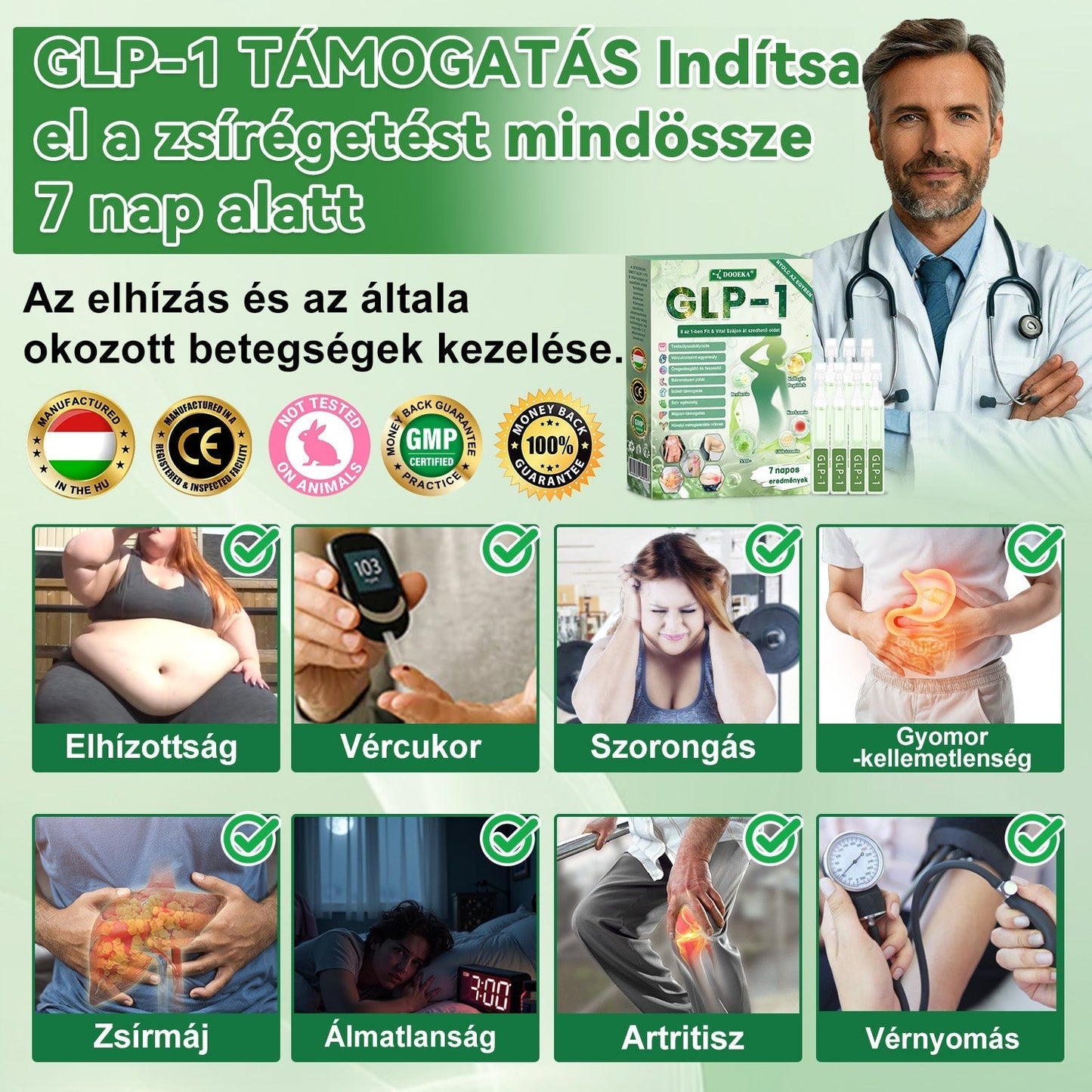DOOEKA® GLP-1 8 az 1-ben Fit & Vital Szájon át szedhető oldat – Napi egyszer, 7 nap alatt látható változás / Elhízás, szív- és érrendszeri egészség, cukorbetegség, alvási apnoe, bélrendszer egészsége, ízületi problémák és még sok más esetén