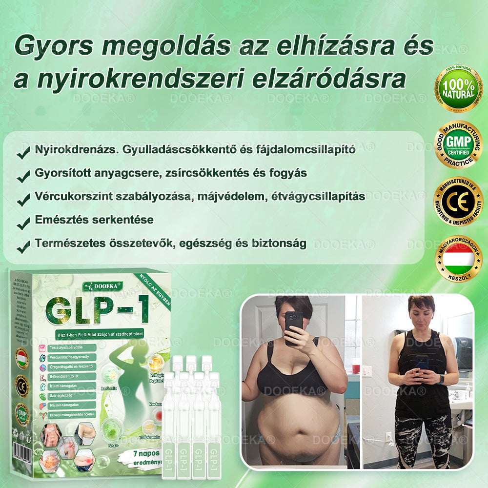 DOOEKA® GLP-1 8 az 1-ben Fit & Vital Szájon át szedhető oldat – Napi egyszer, 7 nap alatt látható változás / Elhízás, szív- és érrendszeri egészség, cukorbetegség, alvási apnoe, bélrendszer egészsége, ízületi problémák és még sok más esetén